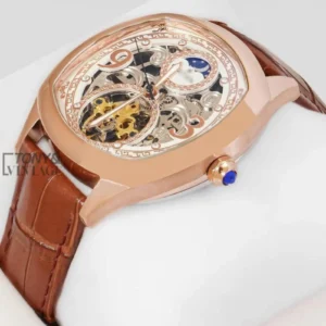 Tourbillon Moon Phase Rose Gold Watch with White Skeleton Dial and Brown Leather Strap