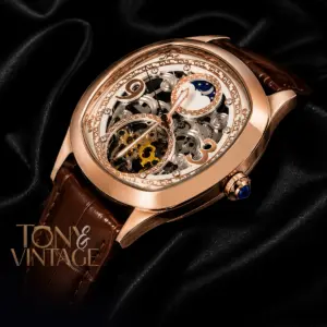 Tourbillon Moon Phase Rose Gold Watch with White Skeleton Dial and Brown Leather Strap