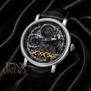 Tourbillon Moon Phase Silver Watch with Black Skeleton Dial and Leather Strap King
