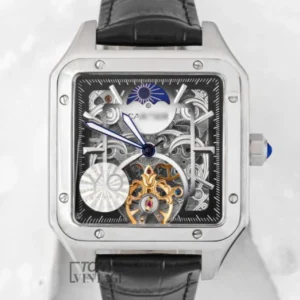 Tourbillon Moon Phase Silver Watch with Skeleton Dial and Black Leather Strap