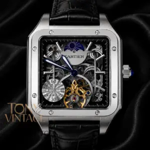 Tourbillon Moon Phase Silver Watch with Skeleton Dial and Black Leather Strap