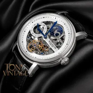 Tourbillon Moon Phase Silver Watch with Skeleton Dial and Leather Strap for Men