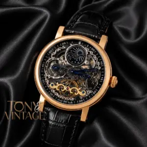 Tourbillon Moon Phase Yellow Gold Watch with Black Skeleton Dial and Leather Strap