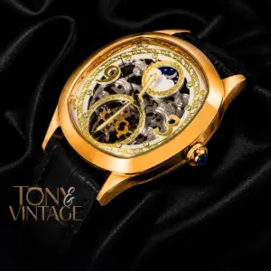 Tourbillon Moon Phase Yellow Gold Watch with White Skeleton Dial and Black Leather Strap