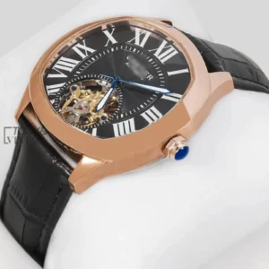 Tourbillon Rose Gold Watch with Black Dial and Leather Strap