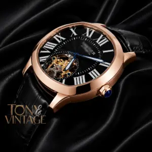 Tourbillon Rose Gold Watch with Black Dial and Leather Strap