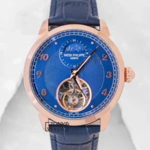 Tourbillon Rose Gold Watch with Blue Dial and Leather Strap