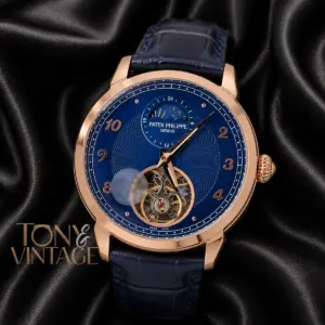 Tourbillon Rose Gold Watch with Blue Dial and Leather Strap