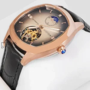 Tourbillon Rose Gold Watch with Brown Dial and Black Leather Strap
