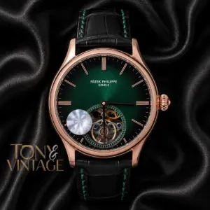 Tourbillon Rose Gold Watch with Green Dial and Black Leather Strap