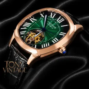 Tourbillon Rose Gold Watch with Green Dial and Leather Strap