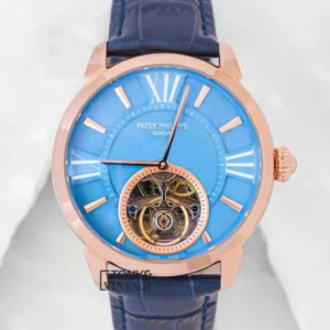 Tourbillon Rose Gold Watch with Sky Blue Dial and Leather Strap
