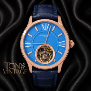 Tourbillon Rose Gold Watch with Sky Blue Dial and Leather Strap