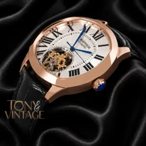 Tourbillon Rose Gold Watch with White Dial and Black Leather Strap