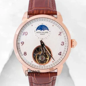 Tourbillon Rose Gold Watch with White Dial and Leather Strap