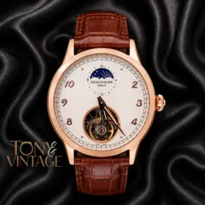 Tourbillon Rose Gold Watch with White Dial and Leather Strap