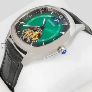 Tourbillon Silver Case Watch With Green Dial and Black Leather Strap
