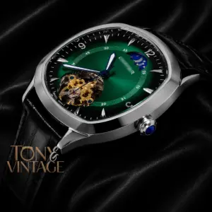 Tourbillon Silver Case Watch With Green Dial and Black Leather Strap