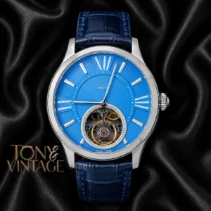Tourbillon Silver Case With Sky Blue Dial & Leather Strap