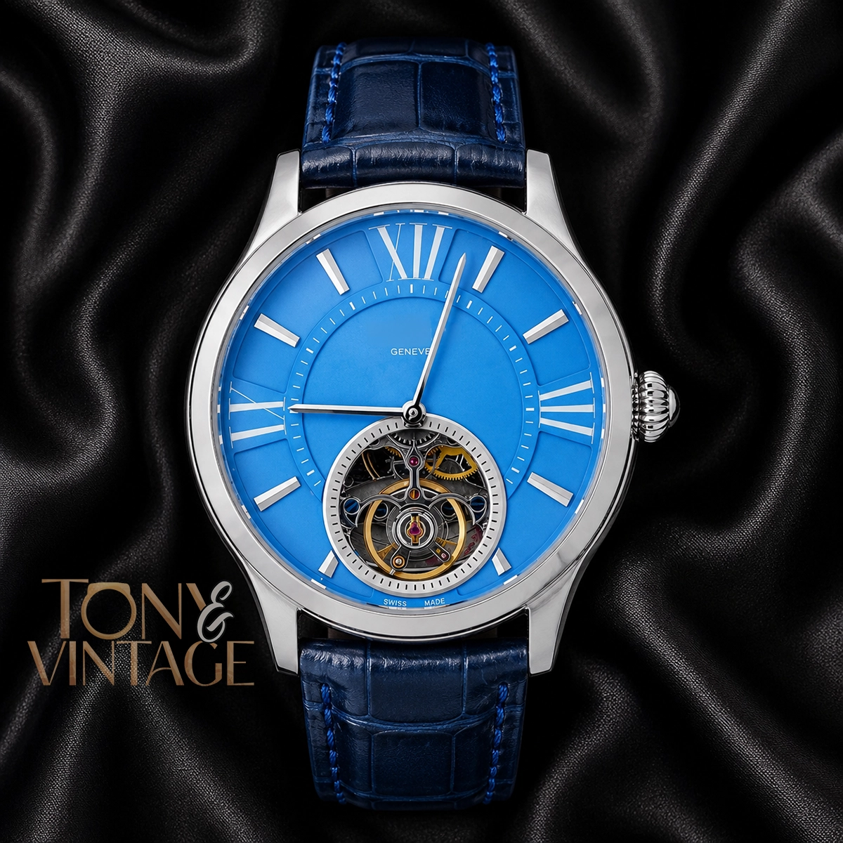 Tourbillon Silver Case With Sky Blue Dial & Leather Strap