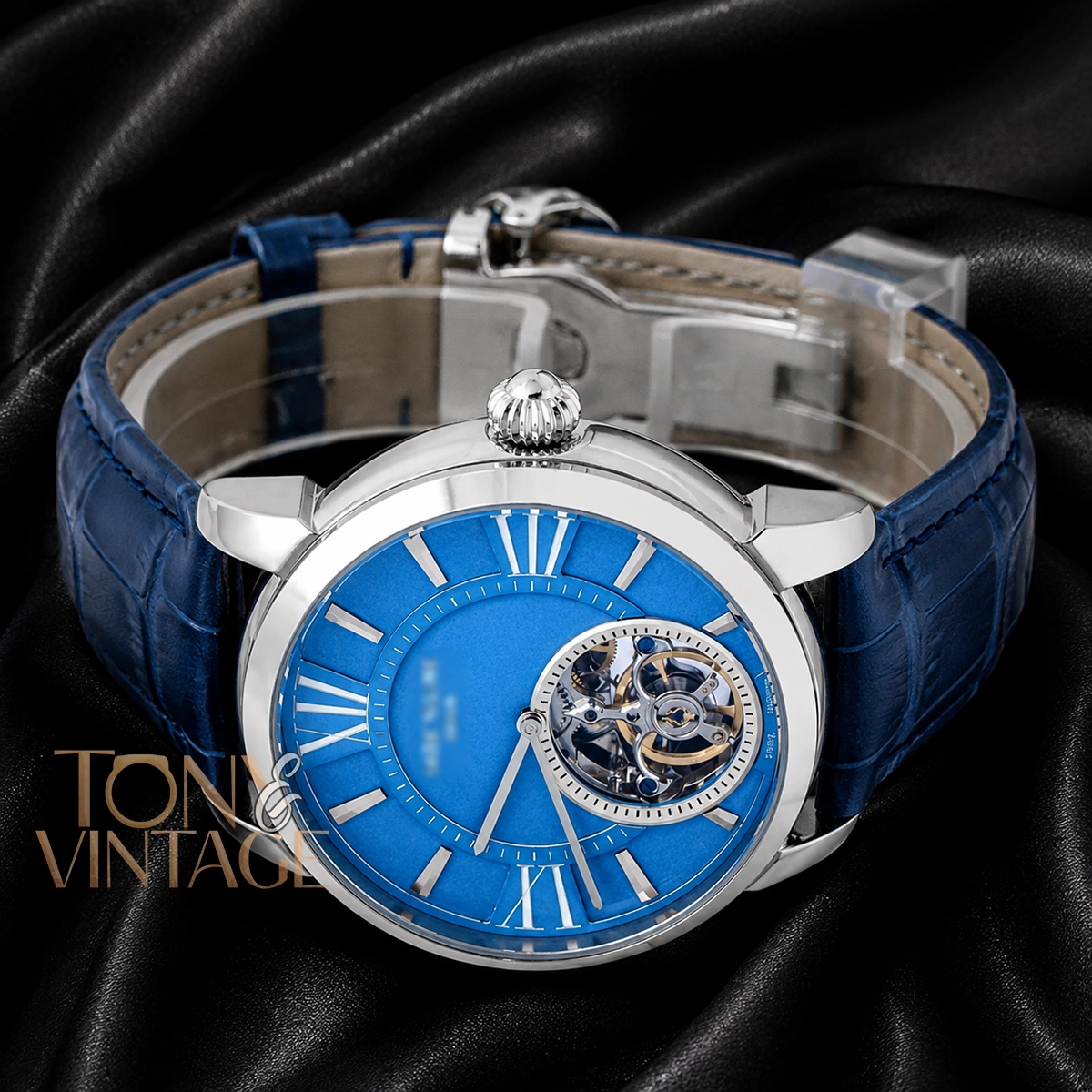 Tourbillon Silver Case With Sky Blue Dial & Leather Strap - Image 2