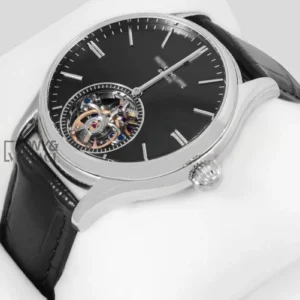 Tourbillon Silver Watch with Black Dial and Leather Strap