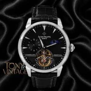 Tourbillon Silver Watch with Black Dial and Leather Strap