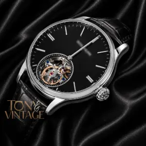 Tourbillon Silver Watch with Black Dial and Leather Strap