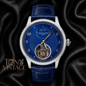 Tourbillon Silver Watch with Blue Dial and Leather Strap