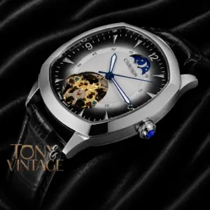 Tourbillon Silver Watch with Deep White Dial and Leather Strap