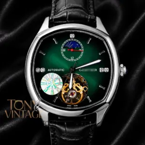 Tourbillon Silver Watch with Green Dial and Black Leather Strap