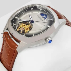 Tourbillon Silver Watch with Grey Dial and Brown Leather Strap