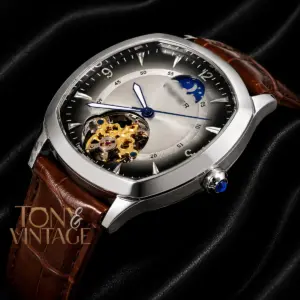 Tourbillon Silver Watch with Grey Dial and Brown Leather Strap