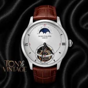 Tourbillon Silver Watch with White Dial and Leather Strap