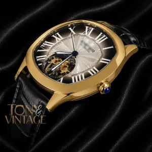 Tourbillon Yellow Gold Watch With Brown Dial and Leather Strap