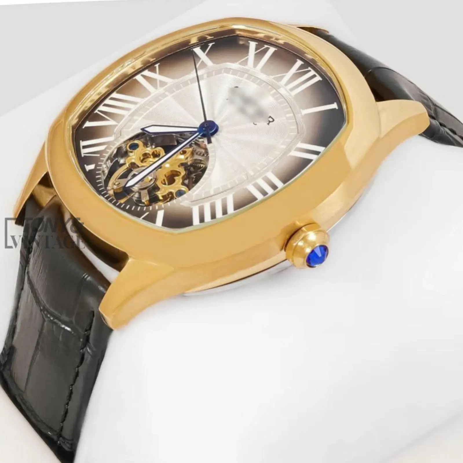 Tourbillon Yellow Gold Watch With Brown Dial and Leather Strap