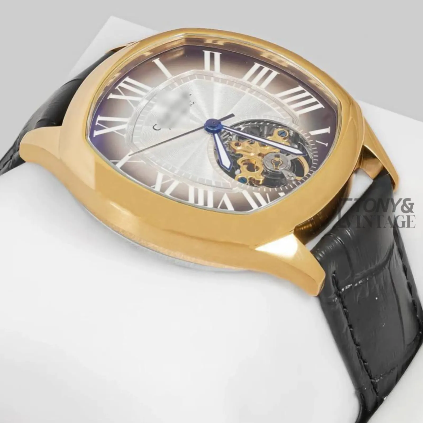 Tourbillon Yellow Gold Watch With Brown Dial and Leather Strap - Image 2