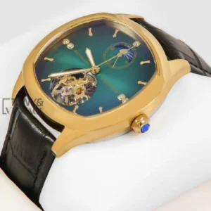 "Tourbillon Yellow Gold Watch With Green Dial and Black Leather Strap "