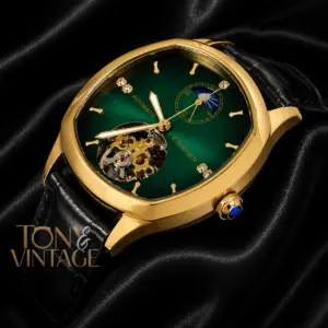 Tourbillon Yellow Gold Watch With Green Dial and Black Leather Strap
