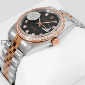 "Two Tone Rose Gold Black Dial Stone Bezel & Figure Automatic Watch "