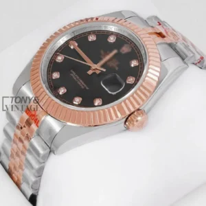 "Two Tone Rose Gold Black Dial Stone Index "