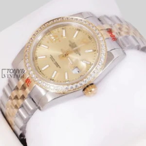 Two Tone Rose Gold Golden Dial Stone Bezel Automatic Watch