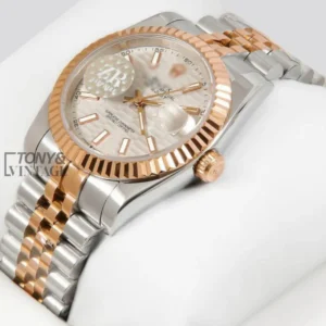 "Two Tone Rose Gold Grey Dial Fluted Bezel Automatic Watch "