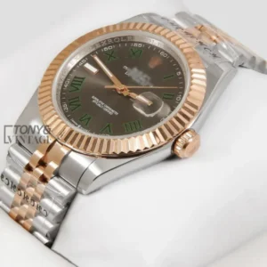 "Two Tone Rose Gold Grey Dial & Green Roman Index Automatic Watch "