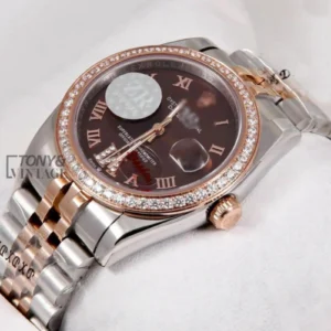 "Two Tone Rose Gold Roman Numeral & Stone Bezel "
