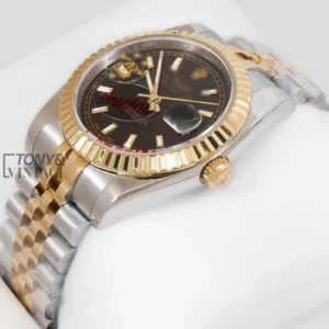 "Two-Tone Yellow Gold Automatic Watch with Black Dial and Fluted Bezel "