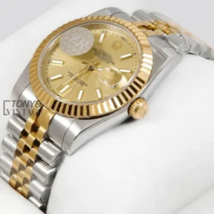 "Two-Tone Yellow Gold Automatic Watch with Fluted Bezel and Matching Dial "