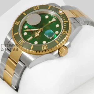 "Two-Tone Yellow Gold Automatic Watch with Green Dial and Bezel "