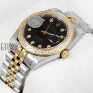 "Two Tone Yellow Gold Black Dial Stone Bezel & Numeral Automatic Watch "