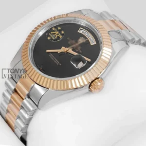 "Two Tone Yellow Gold Plain Black Dial Automatic Watch "